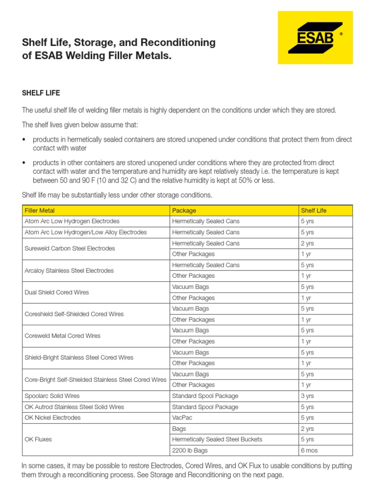 Esab Shelf Life PDF Welding Construction