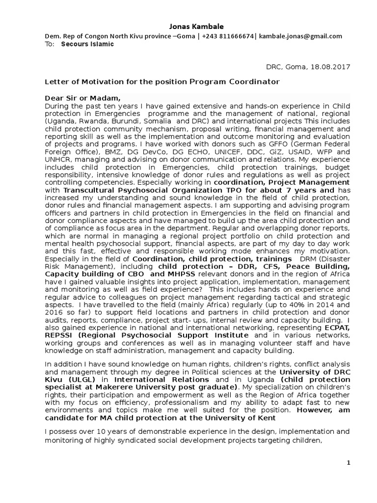 Motivation Letter For Jonas Kambale Acted | PDF | Capacity Building ...
