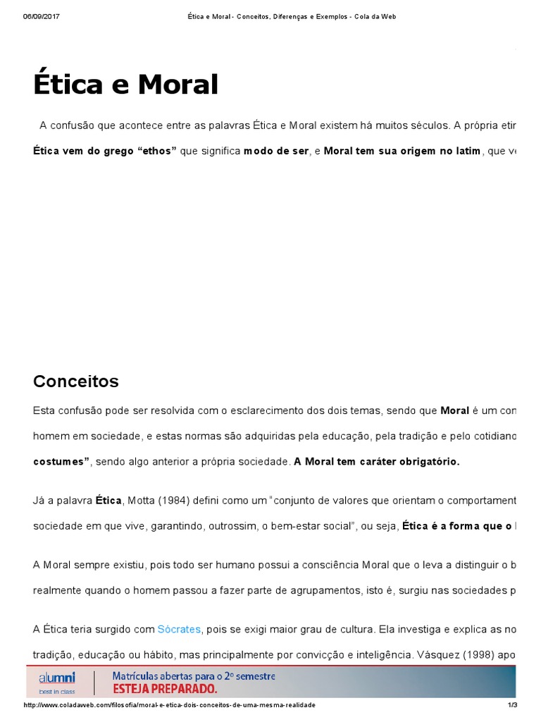 Ética e Moral - Conceitos, Diferenças e Exemplos | PDF | Moralidade ...