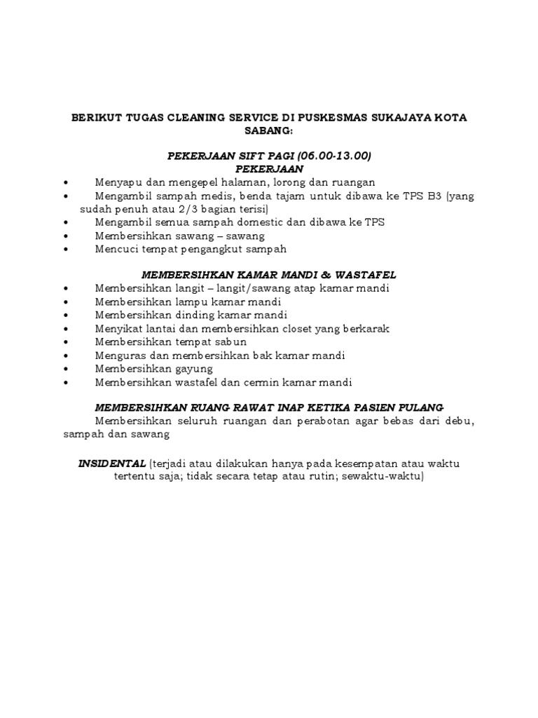 Berikut Tugas Cleaning Service Di Puskesmas Sukajaya Kota