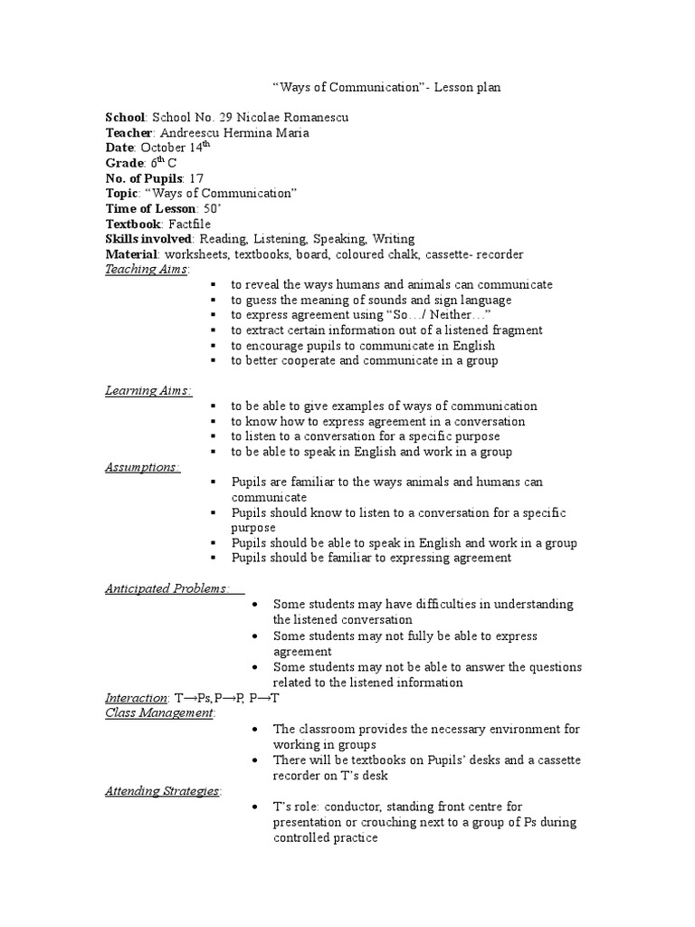 Ways of Communication Lesson Plan | PDF | Lesson Plan | Communication