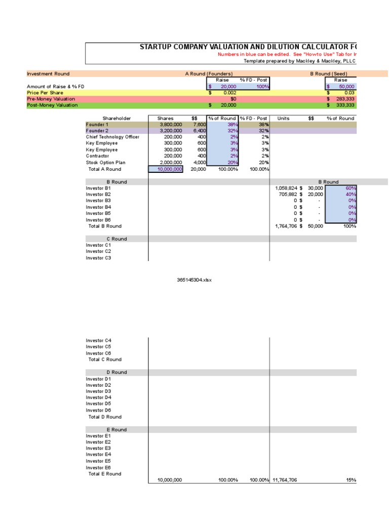 Valuation and Dilution Calculator PDF Spreadsheet Valuation (Finance)