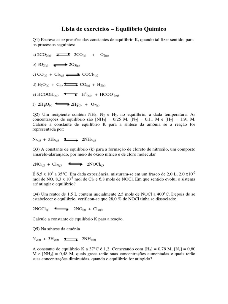 Exercícios de Equilíbrio Químico | PDF | Equilíbrio químico | Física