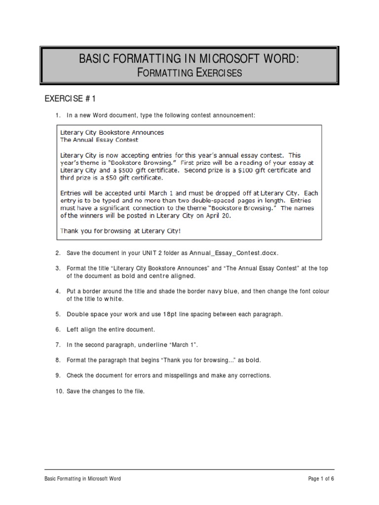 2 formatting exercises Microsoft Word Printing