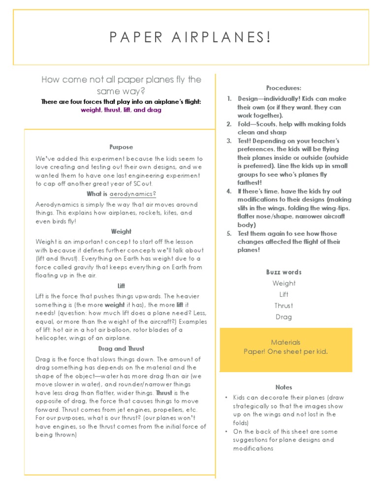 Paper Airplanes Experiment Guide PDF Flight Airplane