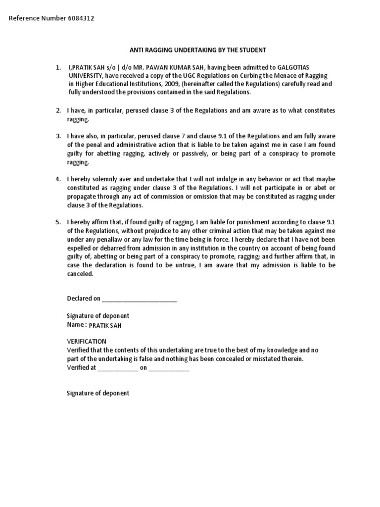 Reference Number 6084312: Anti Ragging Undertaking by The Student | PDF ...