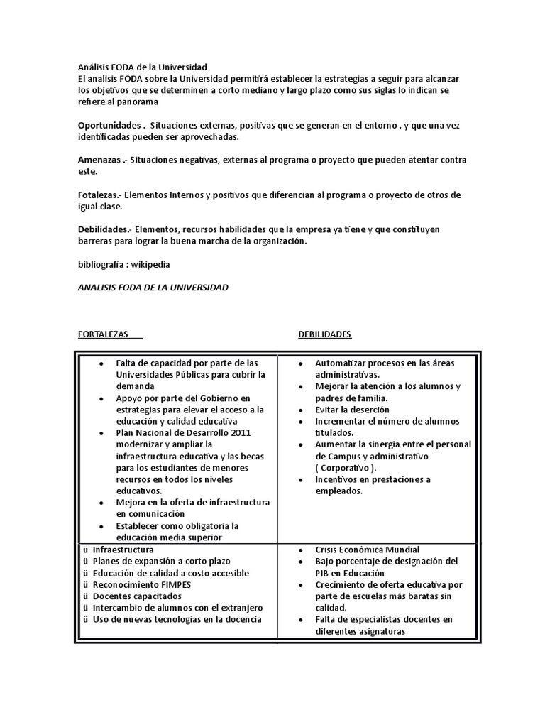 Análisis FODA de una Universidad Privada | PDF | Análisis FODA | Economias