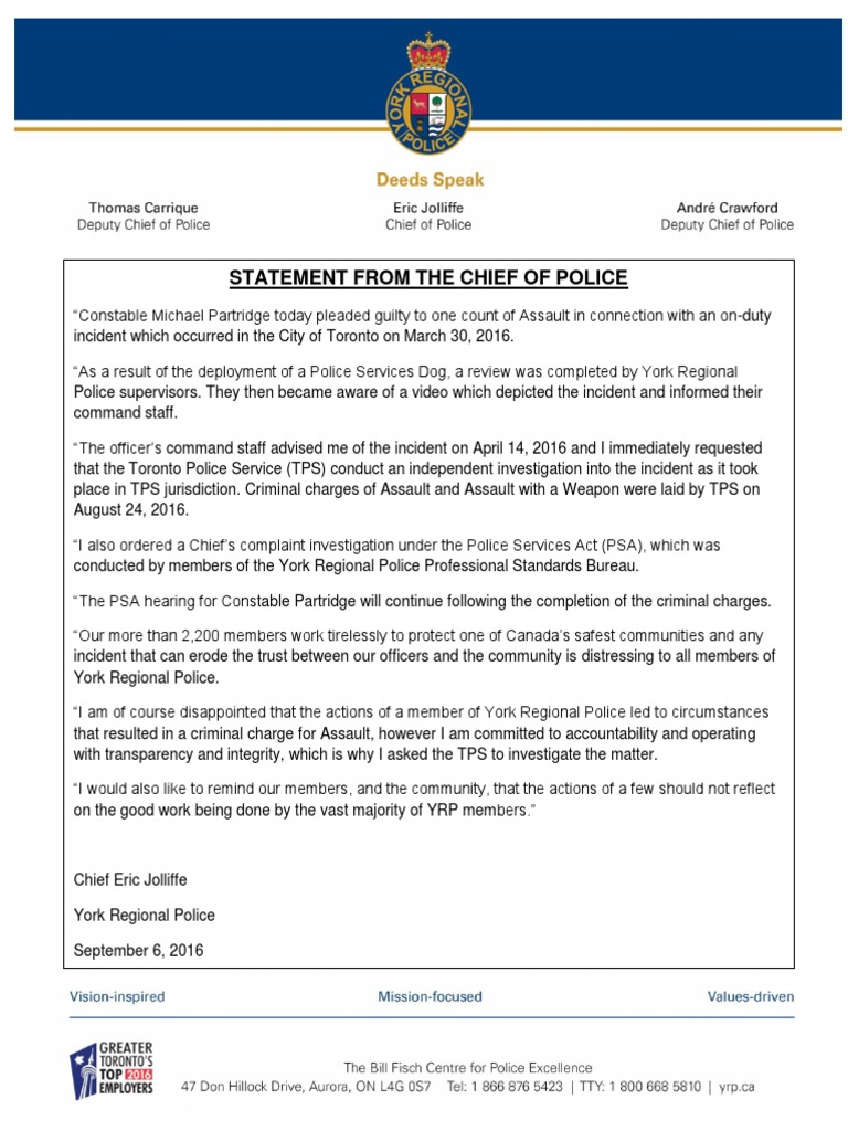 Statement From Chief of Police on Const. Partridge