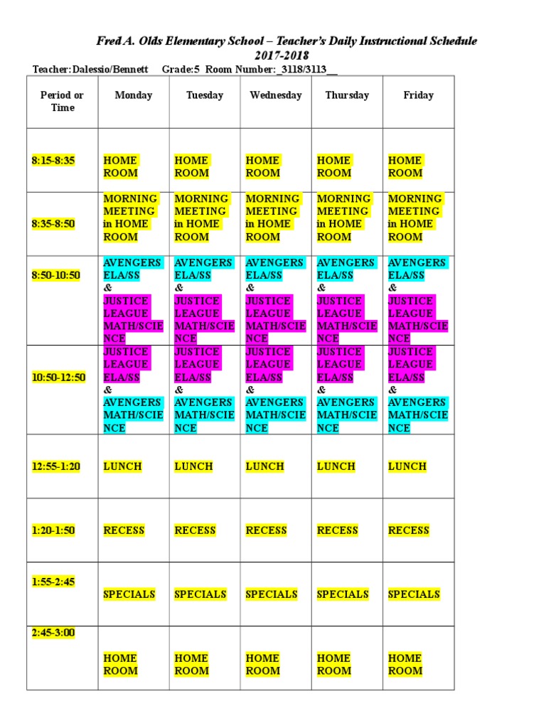 2017-2018 Teacher Schedule Overview | PDF