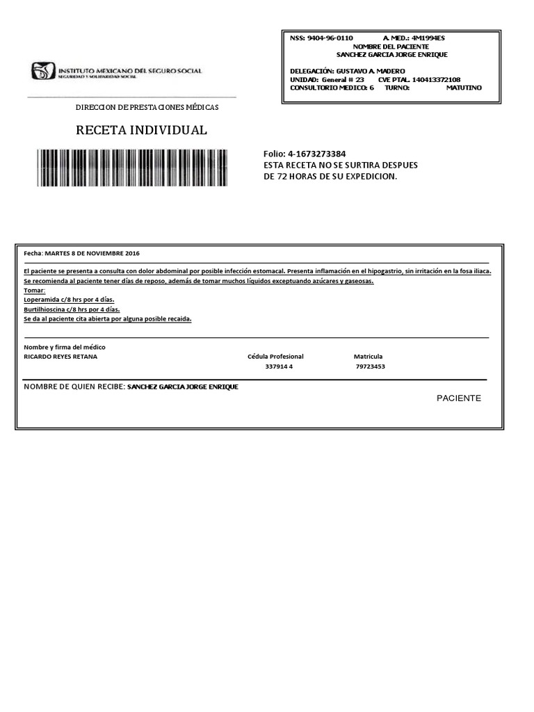 Receta IMSS para Infección Estomacal | PDF