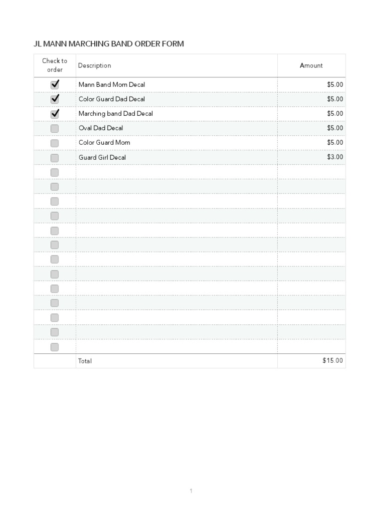 JL Mann Marching Band Order Form | PDF