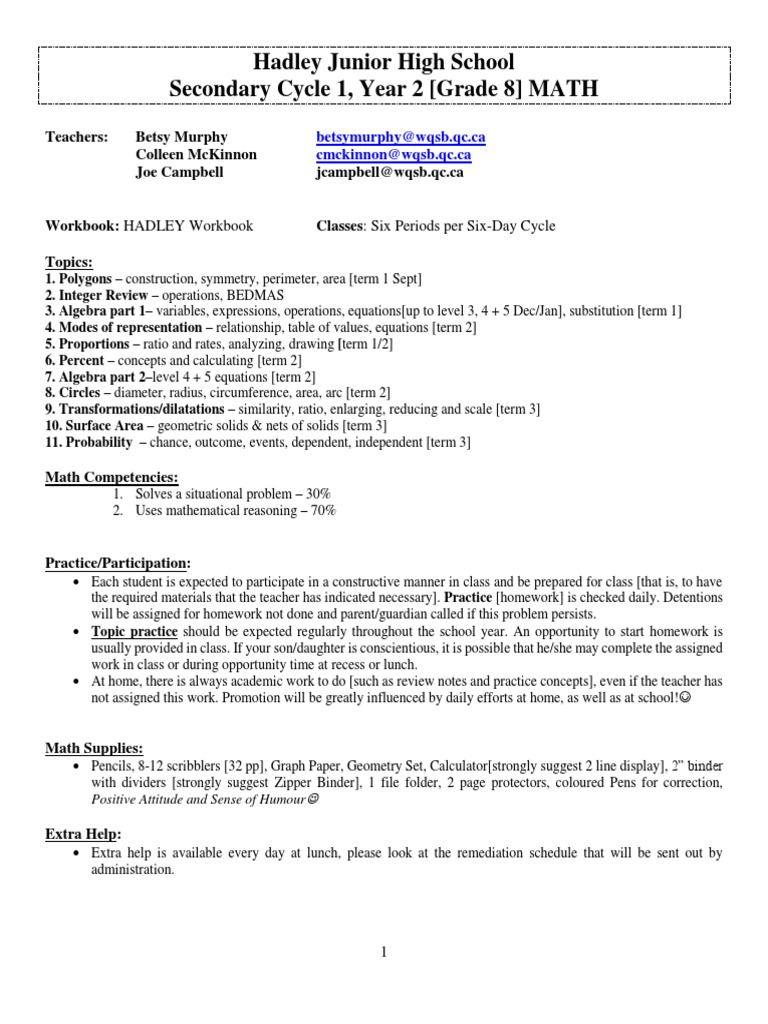 Grade 8 Math Curriculum Overview | PDF | Equations | Geometry