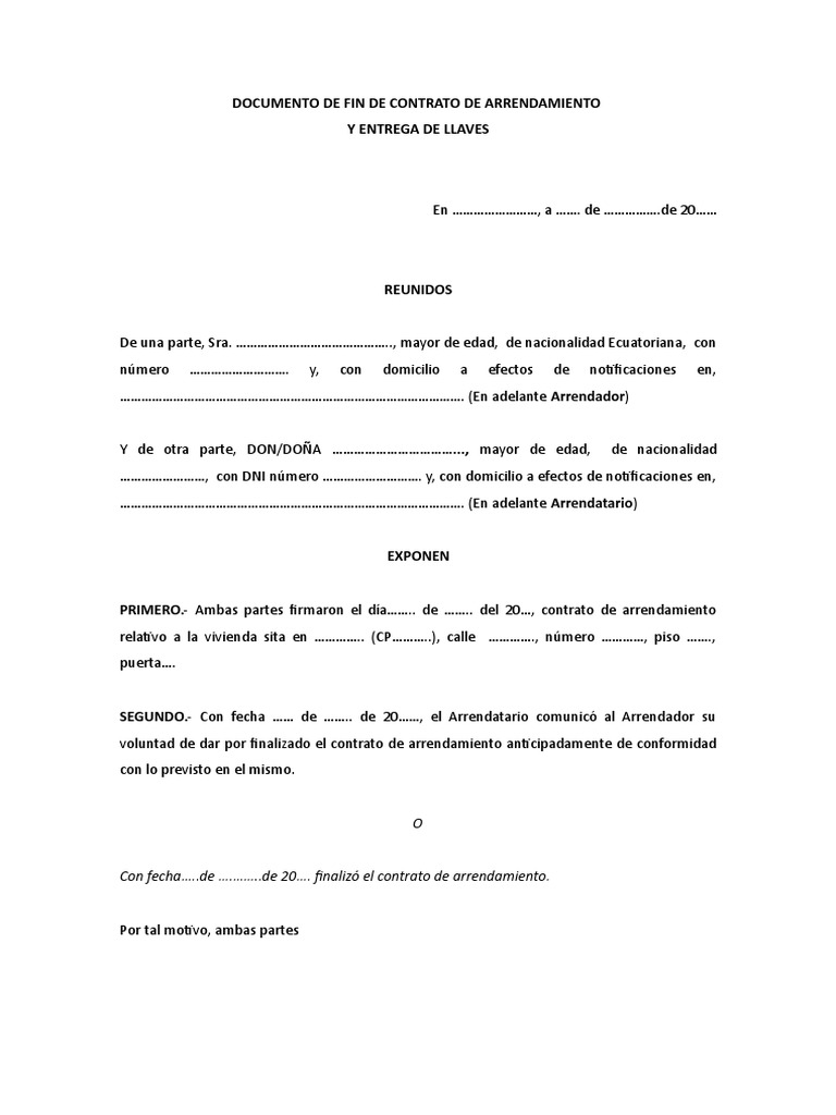 Modelo Fin Contrato Arrendamiento Garantía de préstamo