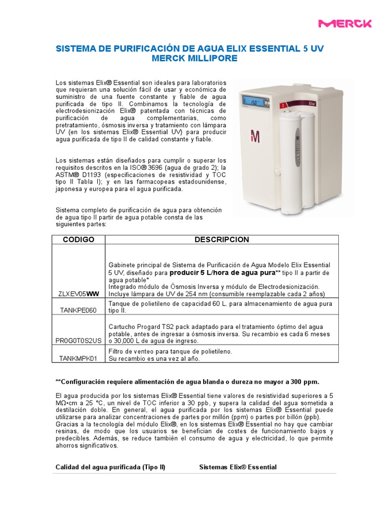 Configuración Equipo Elix Essential 5 UV (Agua Tipo II) PDF Agua potable Ósmosis