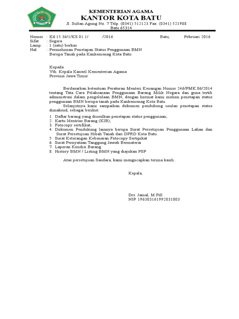 Pengelolaan Bmn Kementerian Agama Ri Cms Contoh Surat Usulan Psp Bmn
