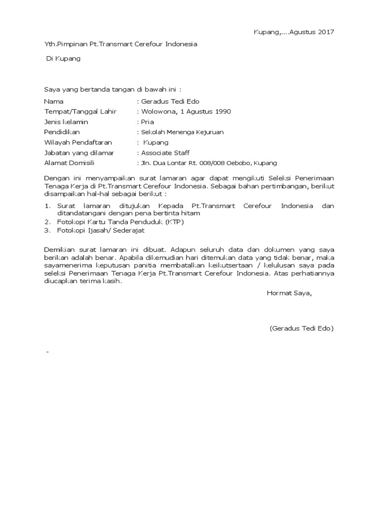 Contoh Surat Lamaran Kerja Di Transmart Berbagi Contoh Surat