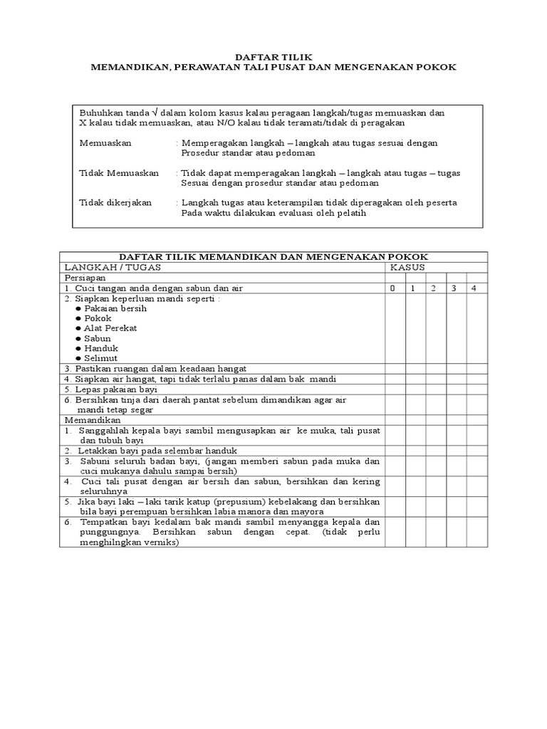 Daftar Tilik Memandikan, Perawatan Tali Pusat Dan