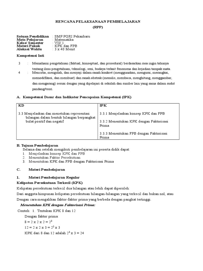 RPP KPK dan FPB Kelas VII SMP | PDF