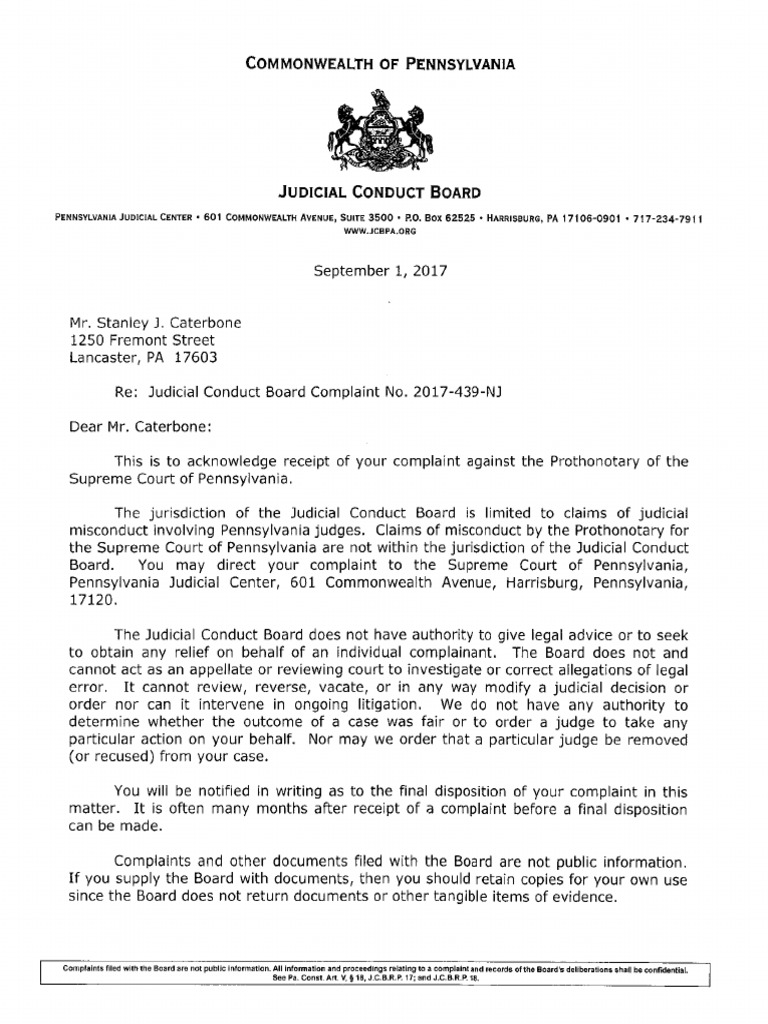 JUDICIAL CONDUCT BOARD Case No. 2017439NJ re PENNSYLVANIA SUPREME