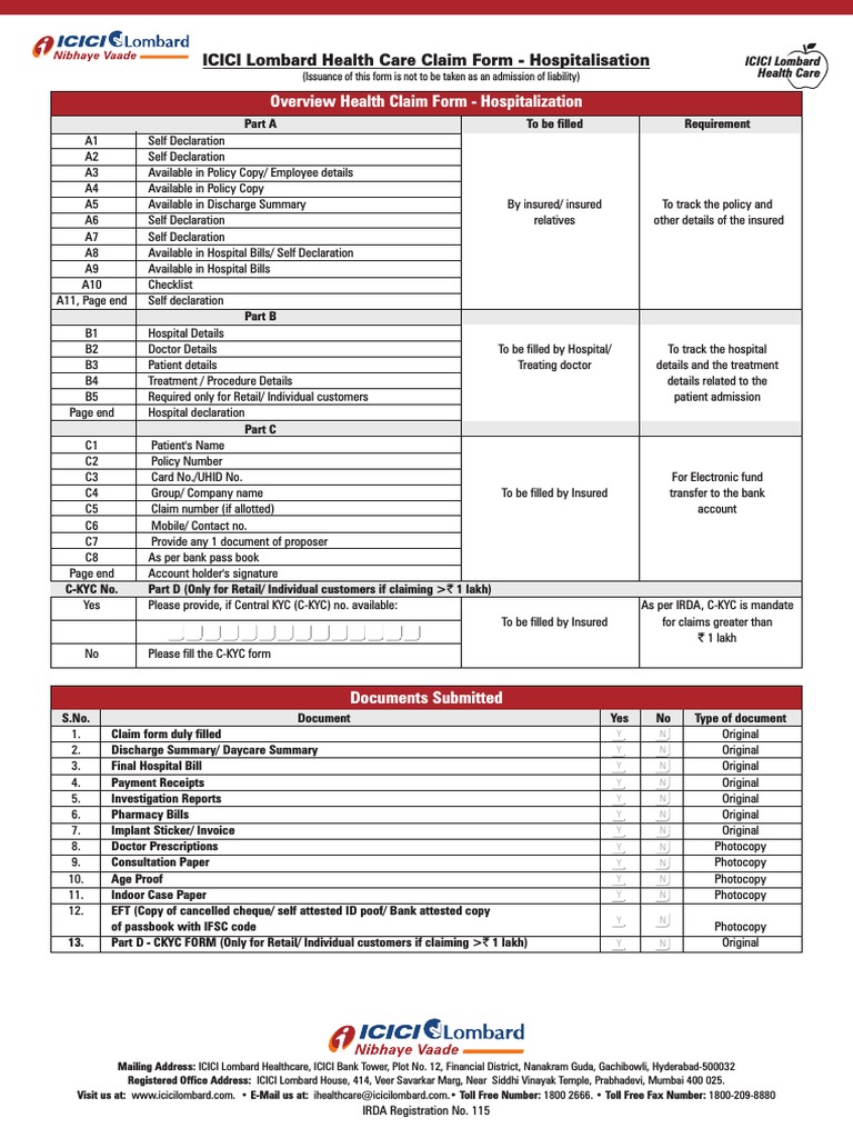ICICI Lombard Health Care Claim Form Hospitalisation PDF