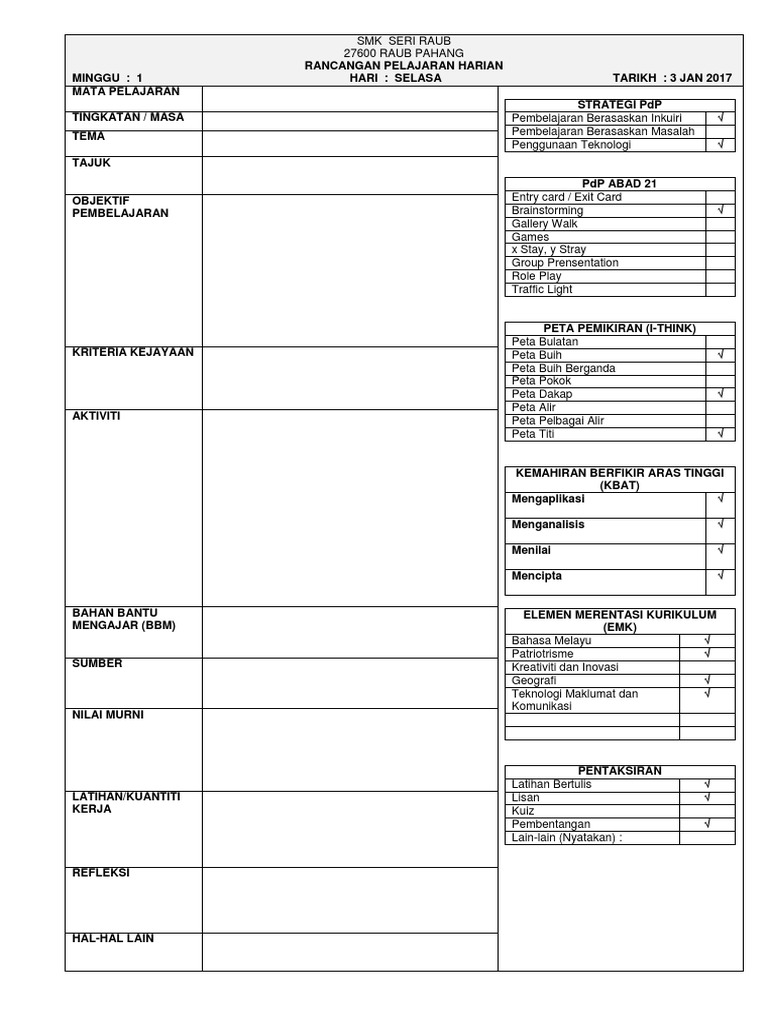 Template RPH untuk Pembelajaran 2025 | PDF