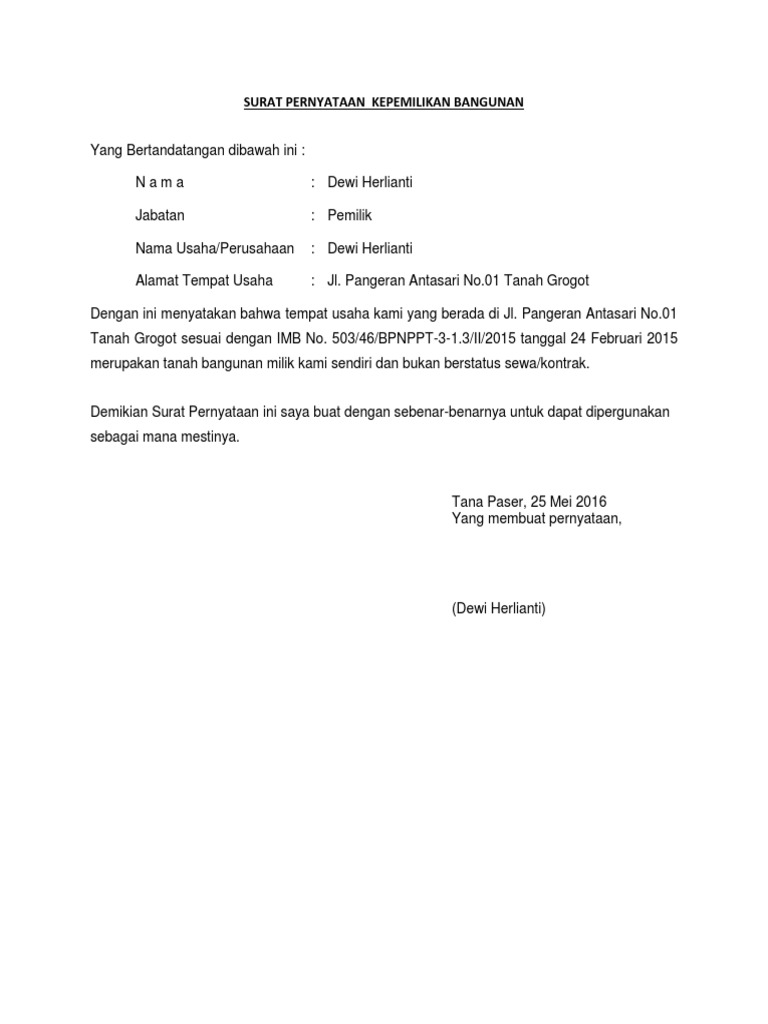 Surat Pernyataan Kepemilikan Bangunan