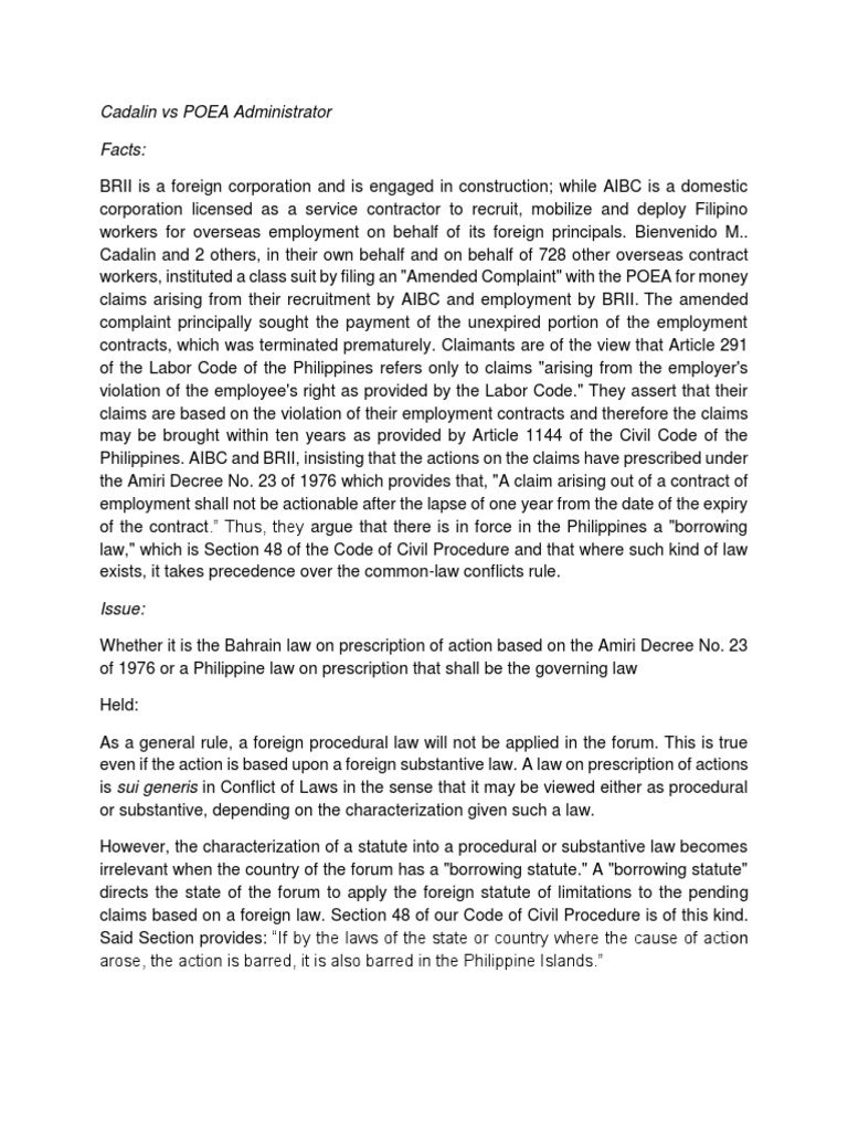 Application of Foreign Law on Prescription of Claims Cadalin vs POEA
