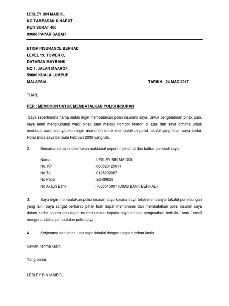 Surat Pembatalan Insuran Pdf