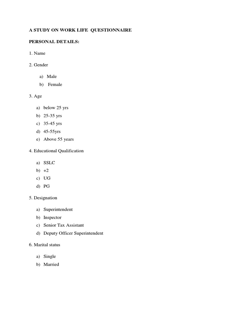 A Study On Work Life Questionnaire Personal Details | PDF | Business ...