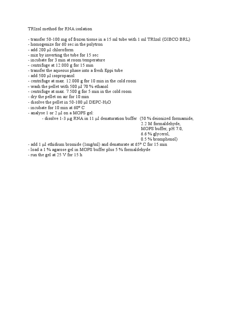 TRIzol RNA Isolation Protocol | PDF | Science & Mathematics