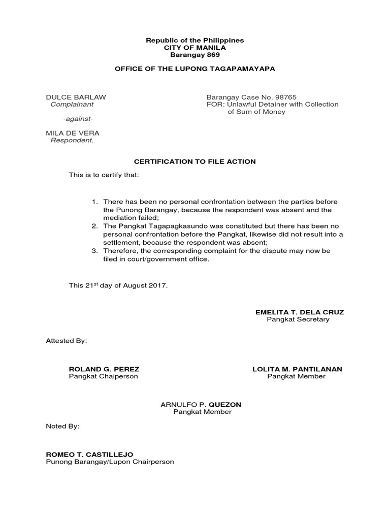 Dulce Barlaw Barangay Case No. 98765 FOR Unlawful Detainer With Collection of Sum of Money
