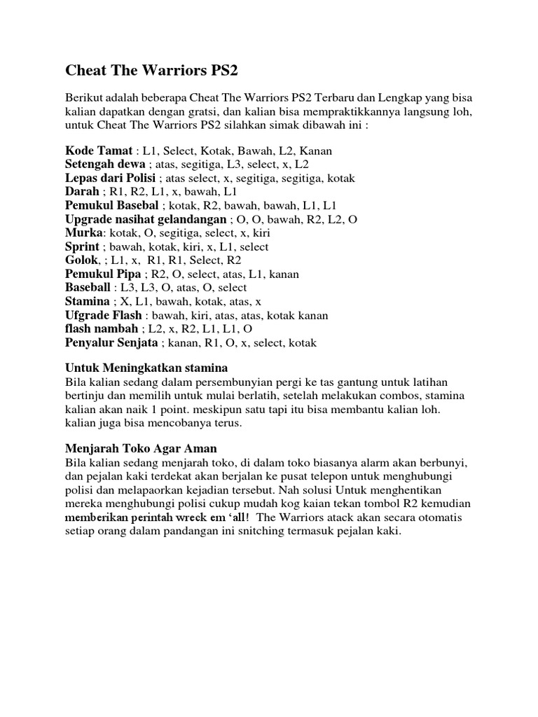 Cheat The Warriors PS2 PDF
