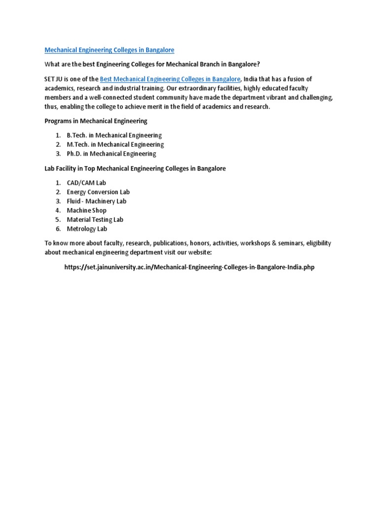 Mechanical Engineering Colleges in Bangalore | PDF | Career & Growth
