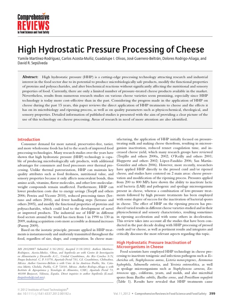 High Hydrostatic Pressure Processing of Cheese: Abstract | PDF | Cheese ...
