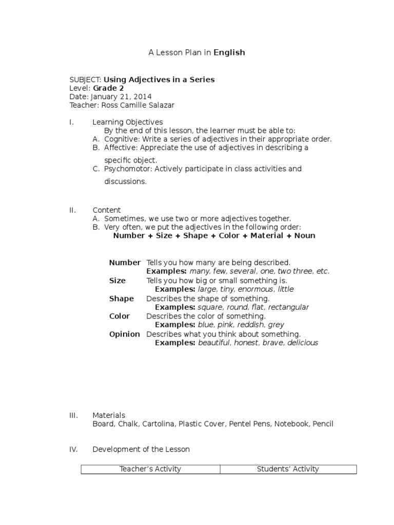 DEMO Lesson Plan for Grade 2 | Adjective | Lesson Plan
