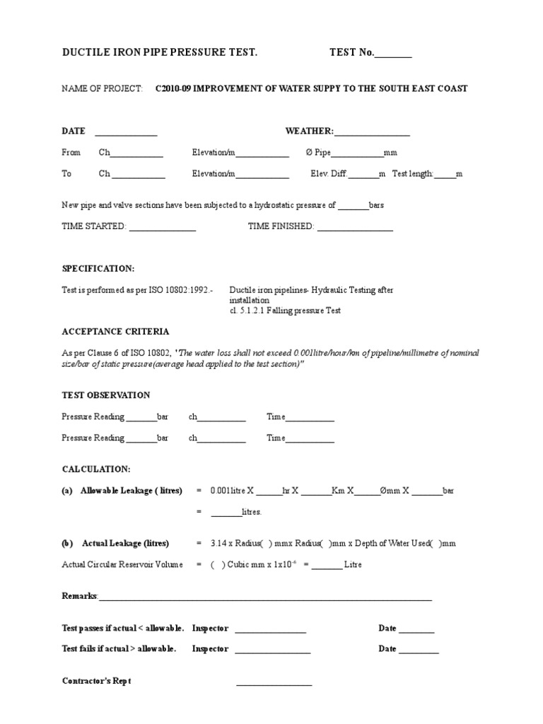 Ductile Iron Pipe Hydrostatic Test Report | PDF