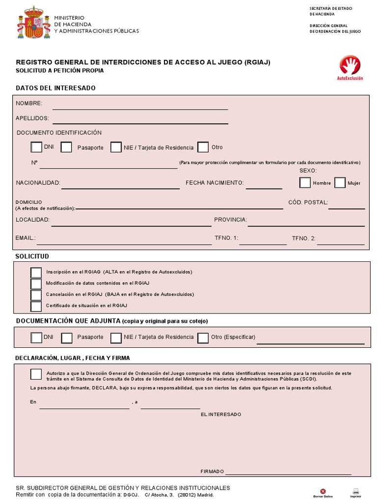 Solicitud de baja en el registro de prohibidos de juego