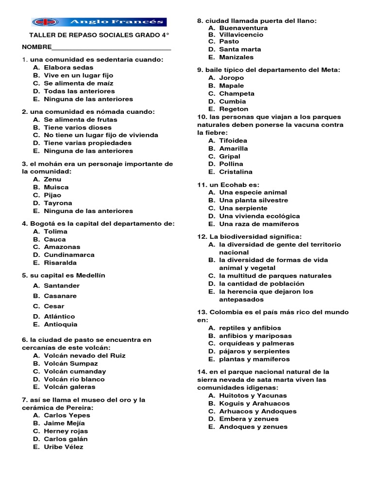 Taller de Repaso Sociales 4° Grado | PDF | Tierra | Agua