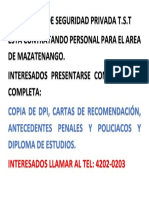 Empresa de Seguridad Privada T.S.T Esta Contratando Personal para El Area de Mazatenango. Interesados Presentarse Con Papeleria Completa