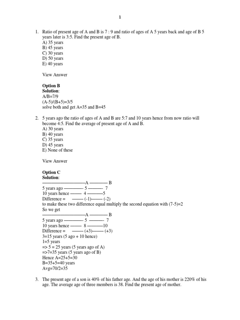 Age Ratio Problems and Solutions | PDF | Equations | Mathematical Objects