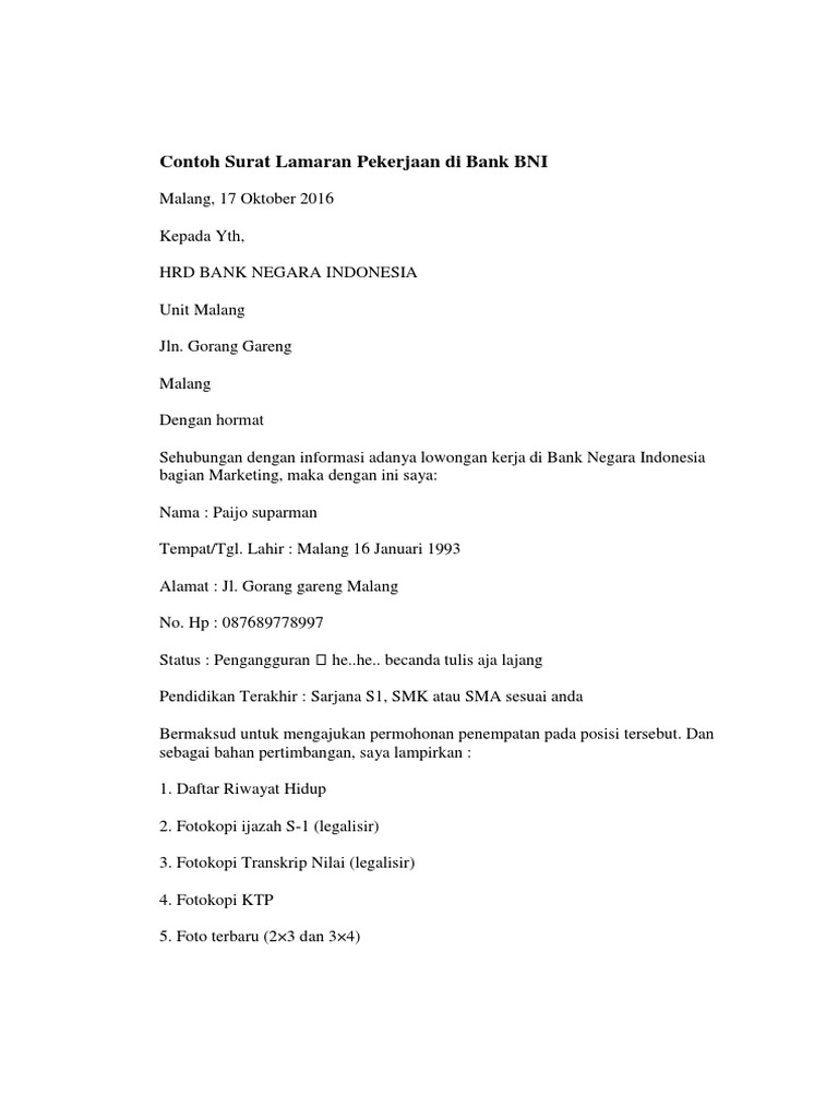 21+ Surat Lamaran Kerja Di Bank Bca Koleksi Letter
