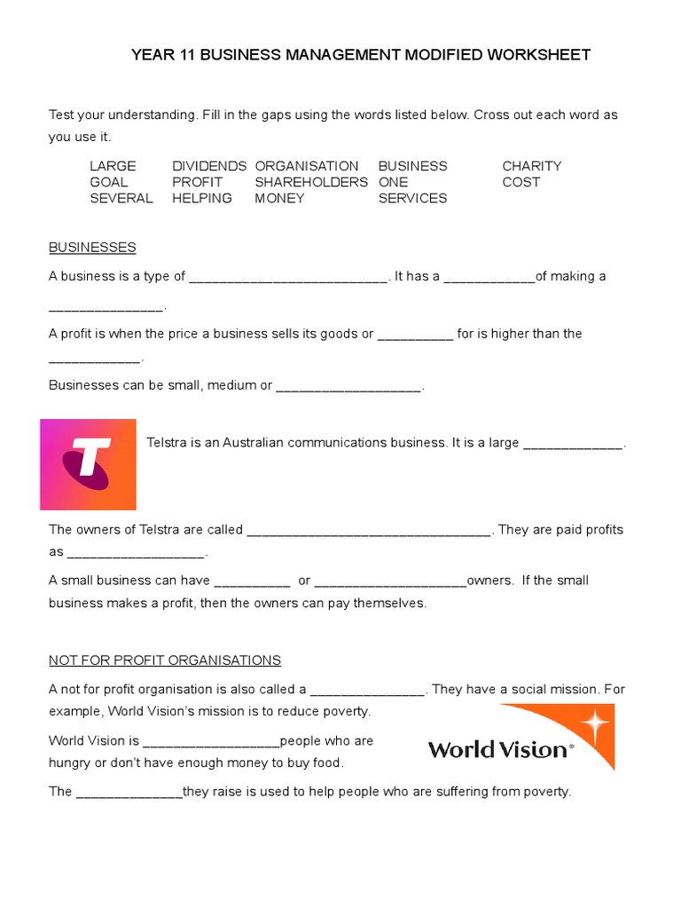 Year 11 Business Management Modified Worksheet | PDF