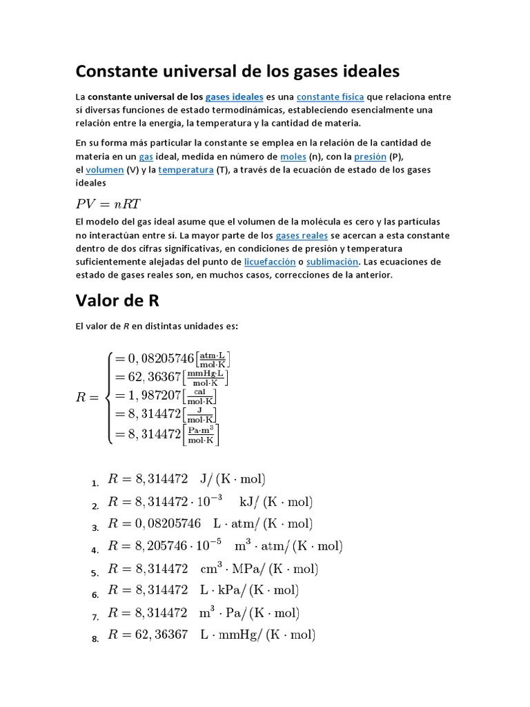 Constante Universal de Los Gases PDF Gases Física