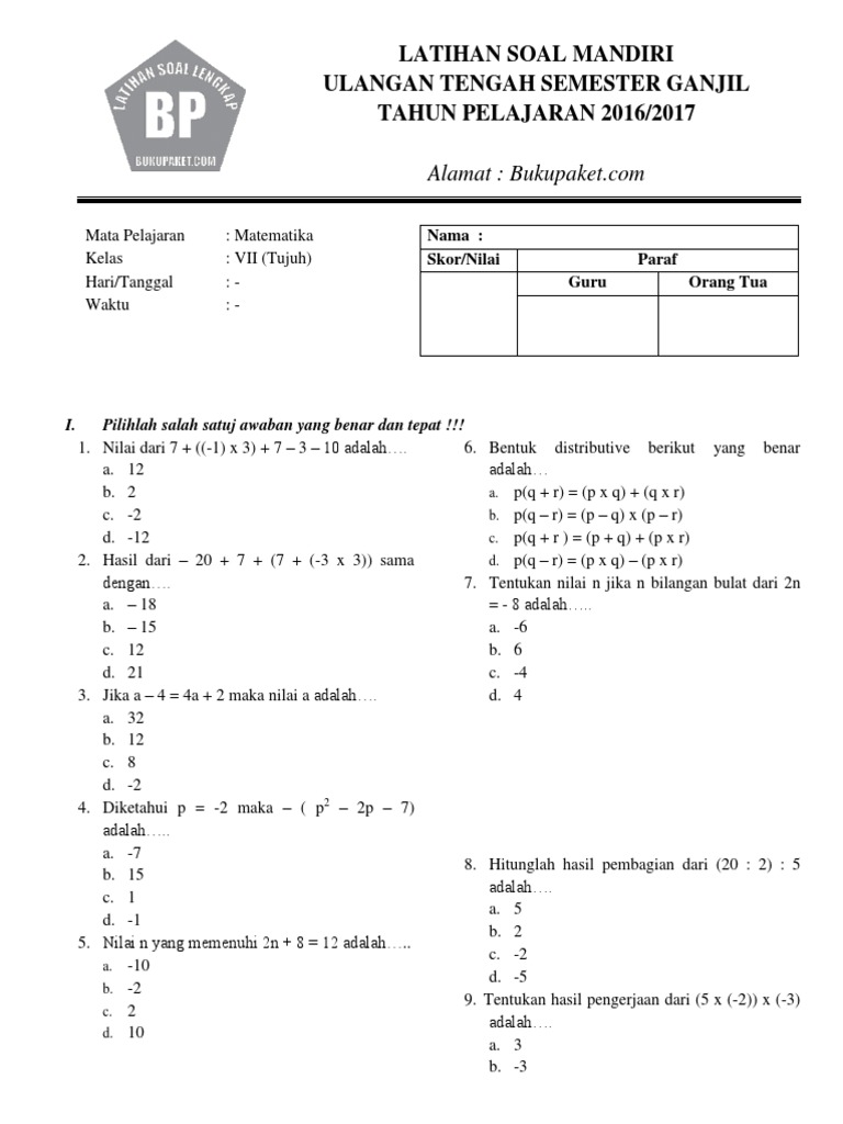 Latihan Soal UTS Matematika Kelas 7 Semester 1