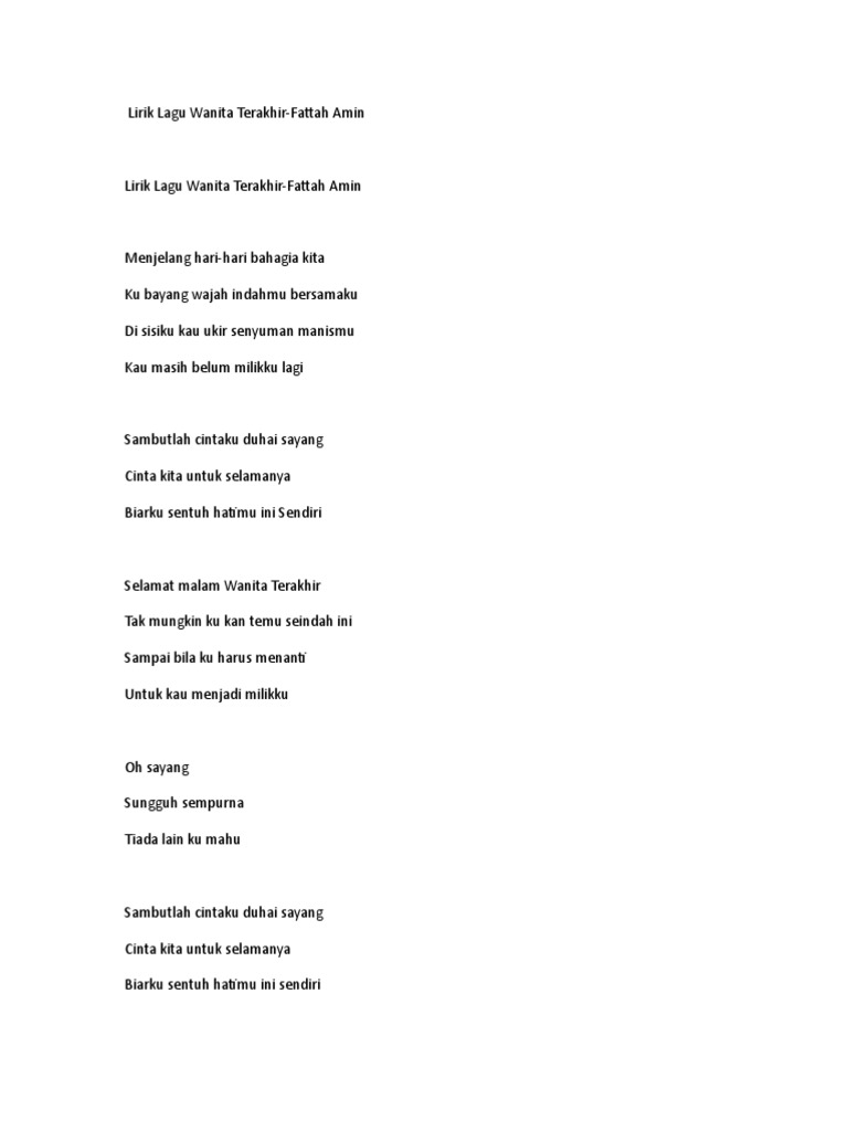 Lirik Lagu Wanita Terakhir Fattah Amin Pdf