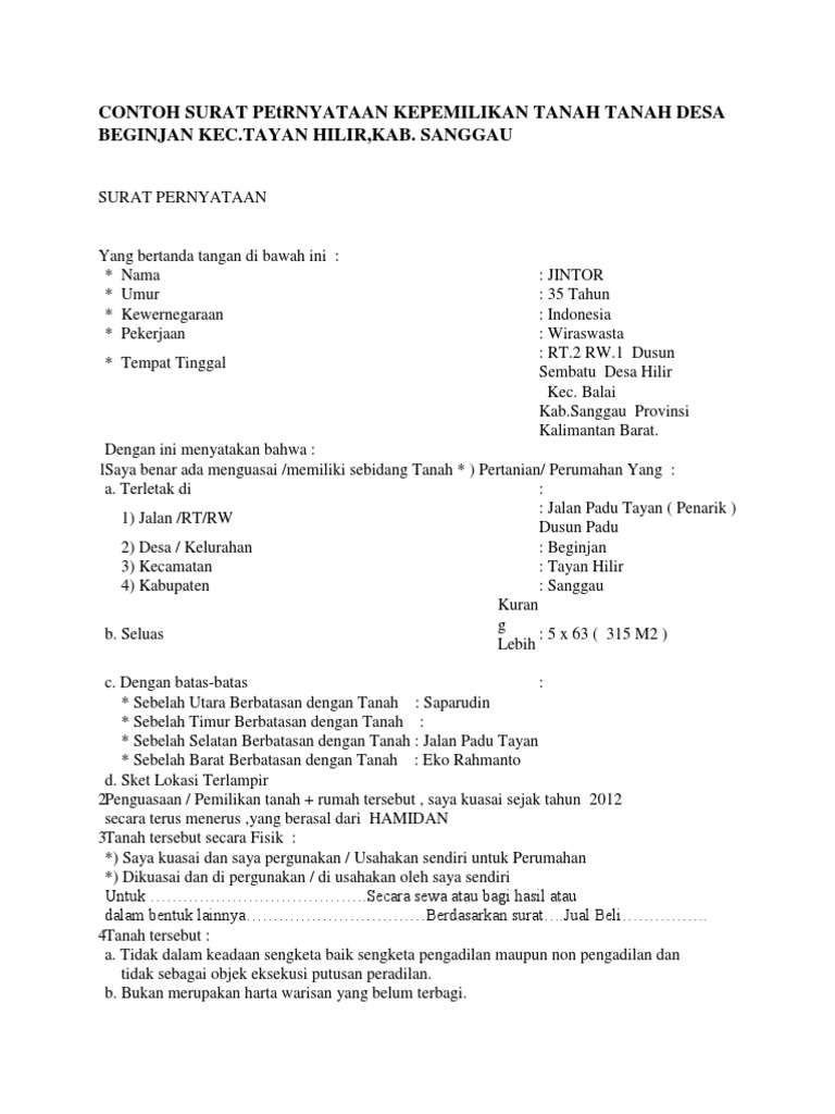 Surat Pernyataan Tanah Dikuasai Secara Fisik - Contoh Seputar Surat