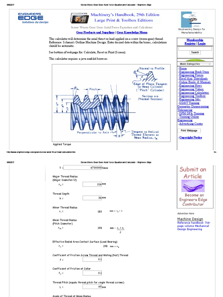 Screw Worm Gear Gear Axial Force Equation and Calculator Engineers