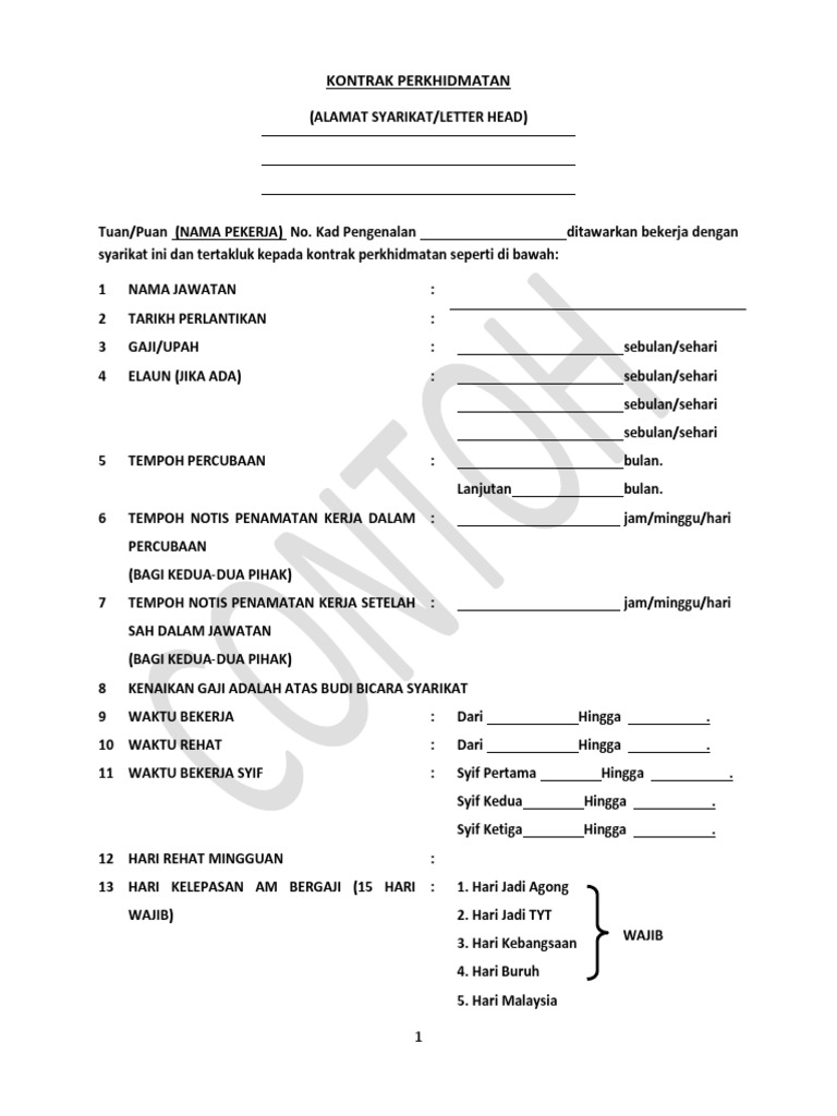 Contoh Surat Kontrak Pekerja Malaysia