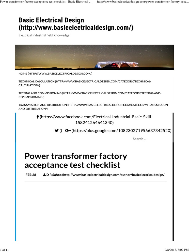 Power Transformer Factory Acceptance Test Checklist Basic Electrical