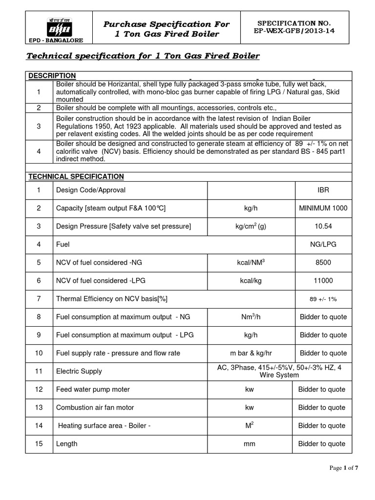 Specification for Gas Fired Boiler.pdf Boiler Liquefied Petroleum Gas